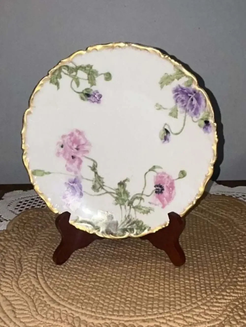 Antique Tressemann & Vogt Limoges Porcelain Plate Pink Purple Poppies Gold Trim